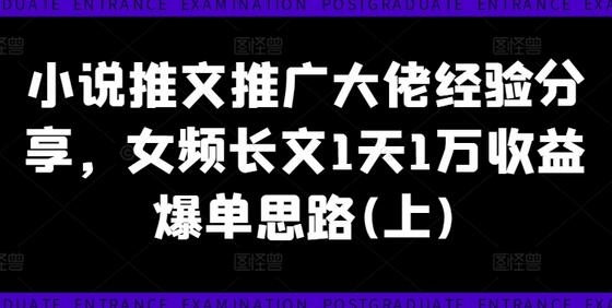 小说推文推广大佬经验分享，女频长文1天1万收益爆单思路