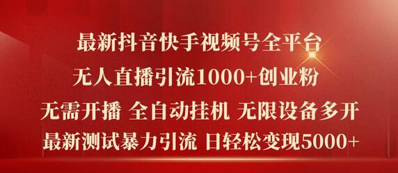 最新抖音快手视频号全平台无人直播引流1000+精准创业粉，日轻松变现5k+