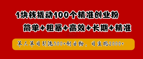 1块钱撬动100个精准创业粉，简单粗暴高效长期精准，单人单日引流500+创业粉，日变现2k