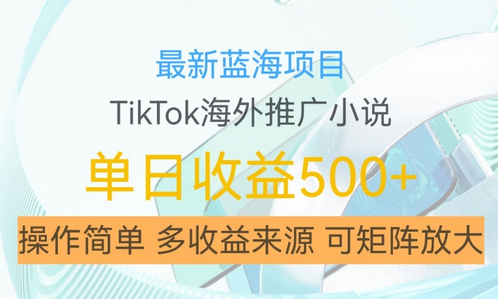 最新蓝海项目，利用tiktok海外推广小说赚钱佣金，简单易学，日入500+，可矩阵放大