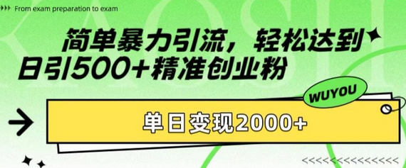 简单暴力引流，轻松达到日引500+精准创业粉，单日变现2k