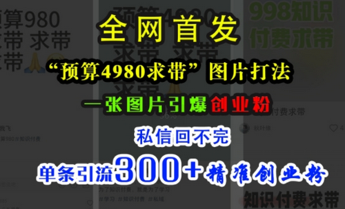 小红书“预算4980带我飞”图片打法，一张图片引爆创业粉，私信回不完，单条引流300+精准创业粉